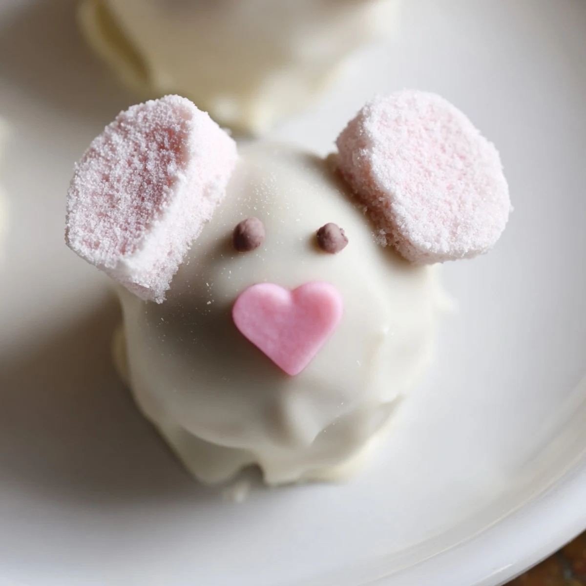White chocolate dipped Bunny Oreo balls decorated with pink marshmallow ears and cute candy faces on a festive Easter platter
