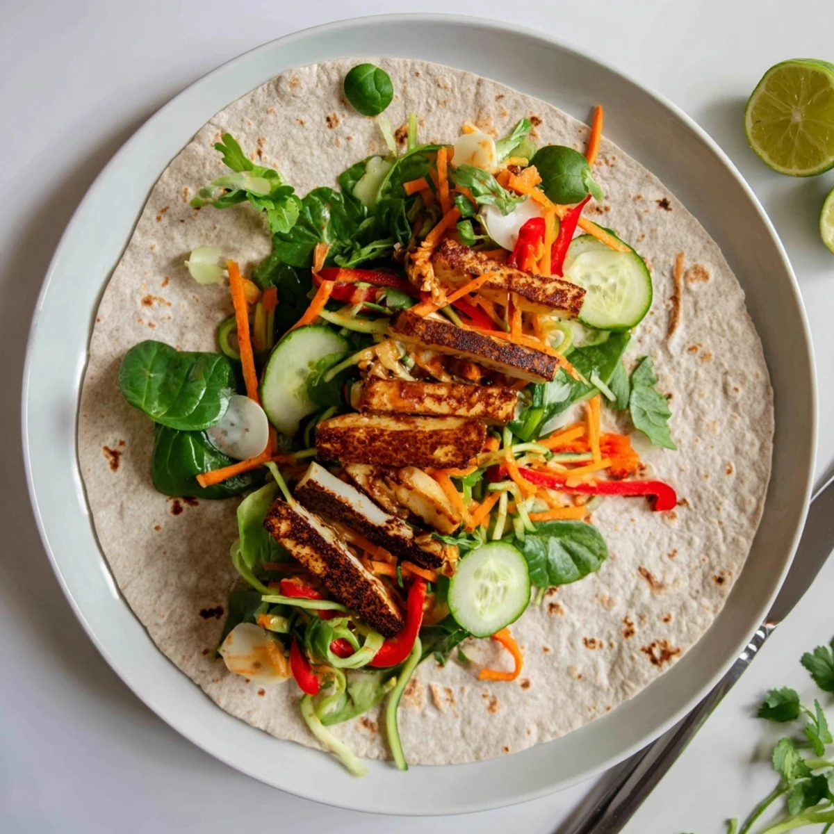 Golden brown vegetarian sweet chili halloumi wraps with fresh crunchy vegetables and tangy sauce