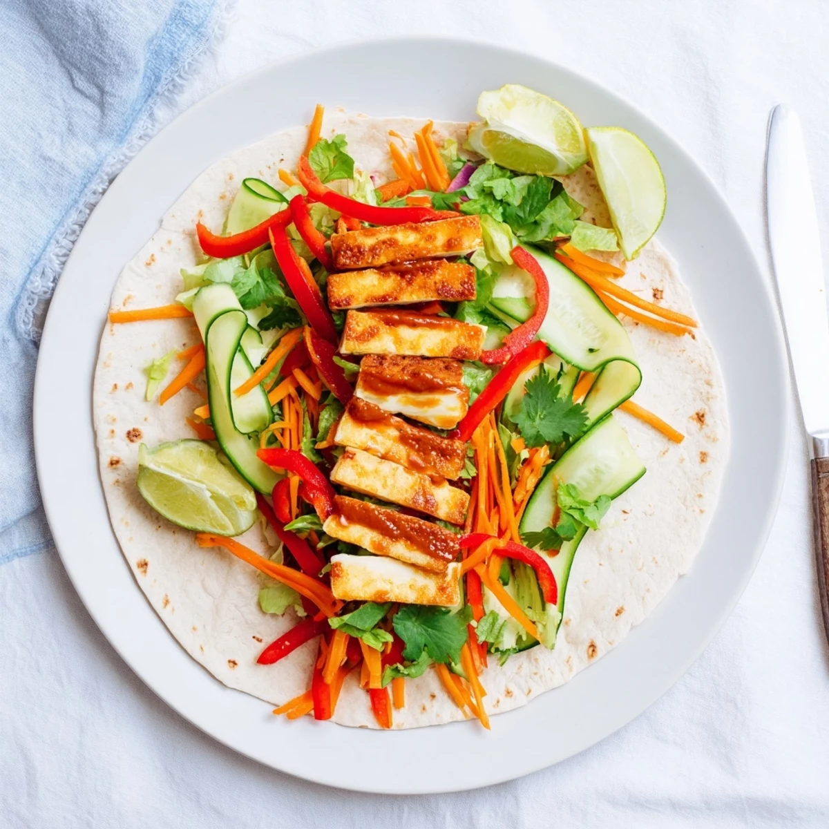 Close-up of fried halloumi strips in sweet chili wraps served with colorful julienned vegetables