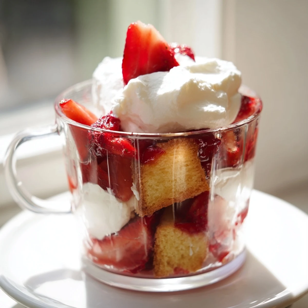 Individual strawberry shortcake cups layered with fresh macerated berries, whipped cream, and golden shortcake in clear glass dessert cups