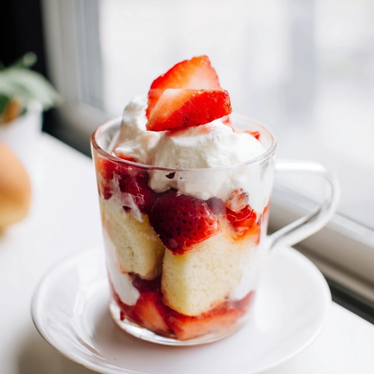 Stacked strawberry shortcake cups featuring tender cake cubes, sweet juicy strawberries, and fluffy whipped cream topped with fresh strawberry slices