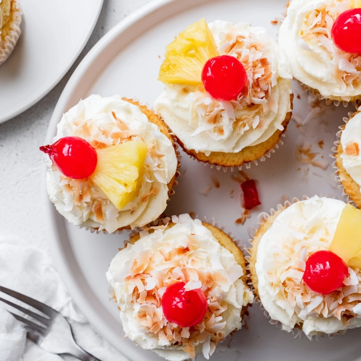 Golden Pina Colada Cupcakes bursting with pineapple and coconut flavors, finished with swirled creamy frosting and tropical fruit garnish