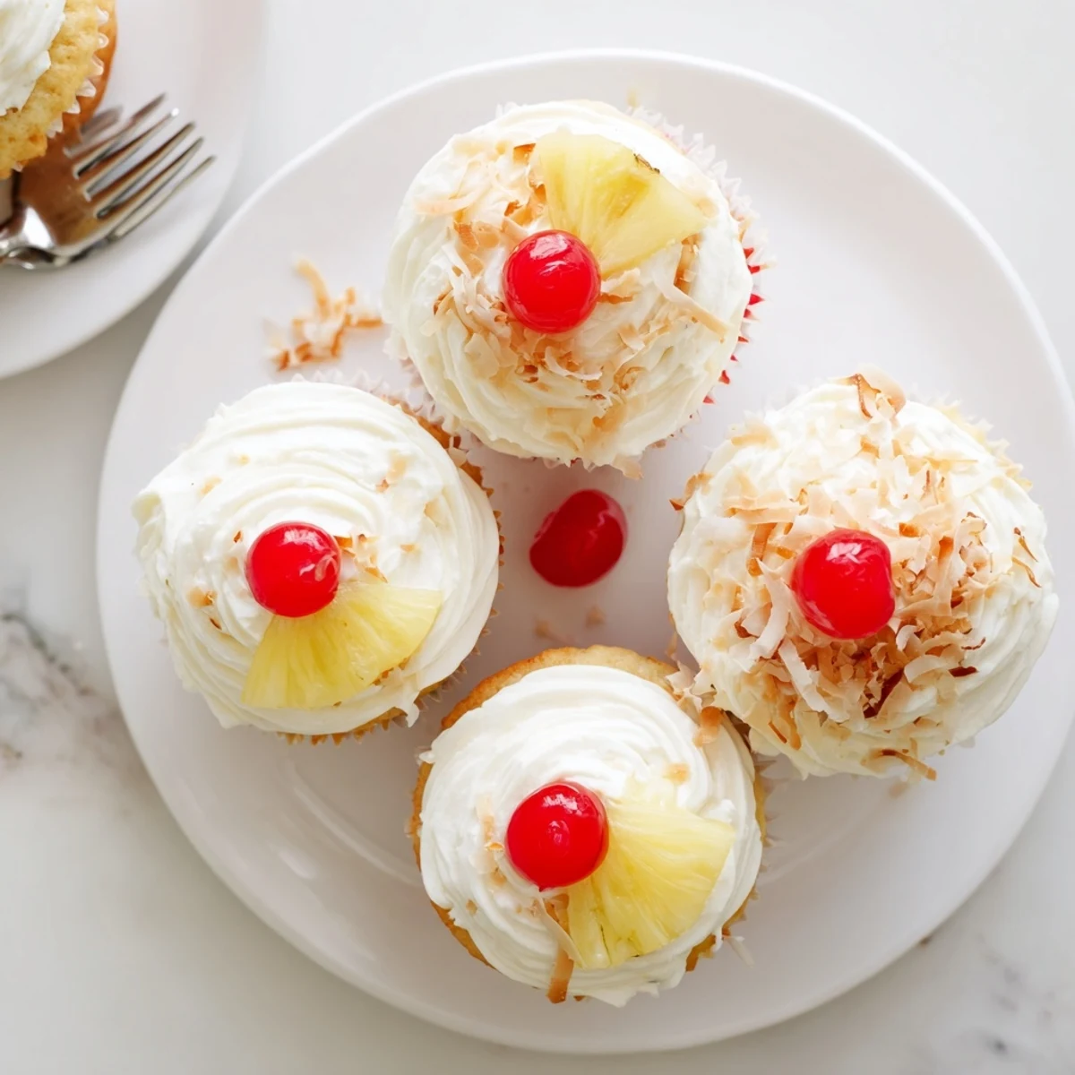 Festive Pina Colada Cupcakes with smooth coconut buttercream, sprinkled with browned coconut and crowned with a bright cherry