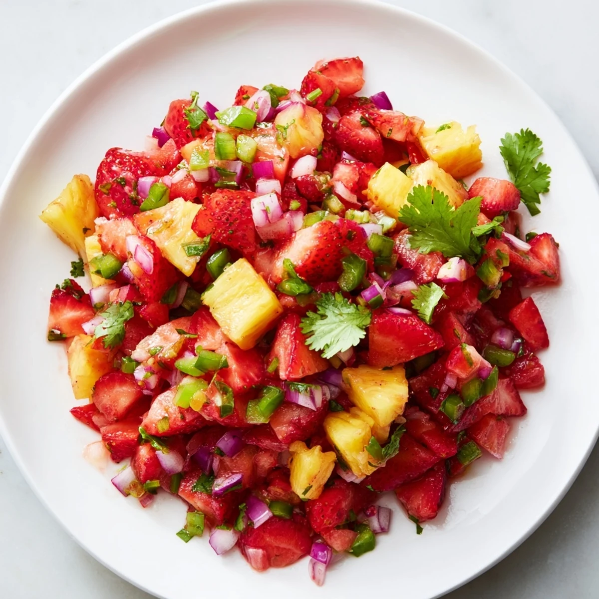 Colorful fruit salsa featuring diced strawberries and pineapple chunks with red onion and cilantro on wooden board
