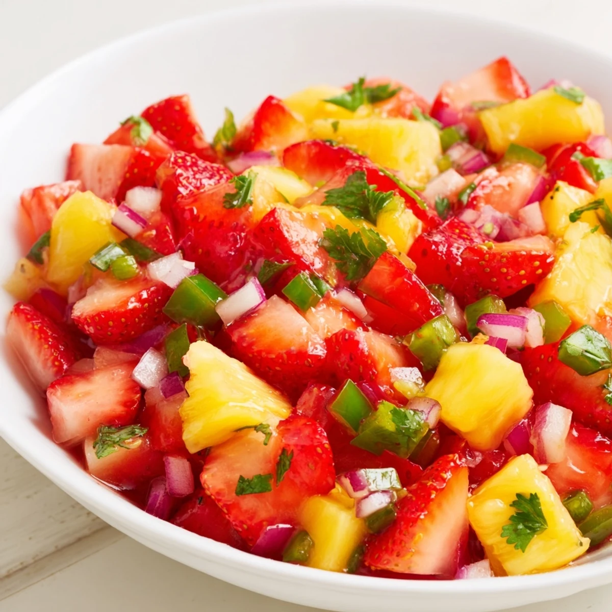 Fresh strawberry pineapple salsa in white bowl with red strawberries, yellow pineapple, green cilantro, and tortilla chips