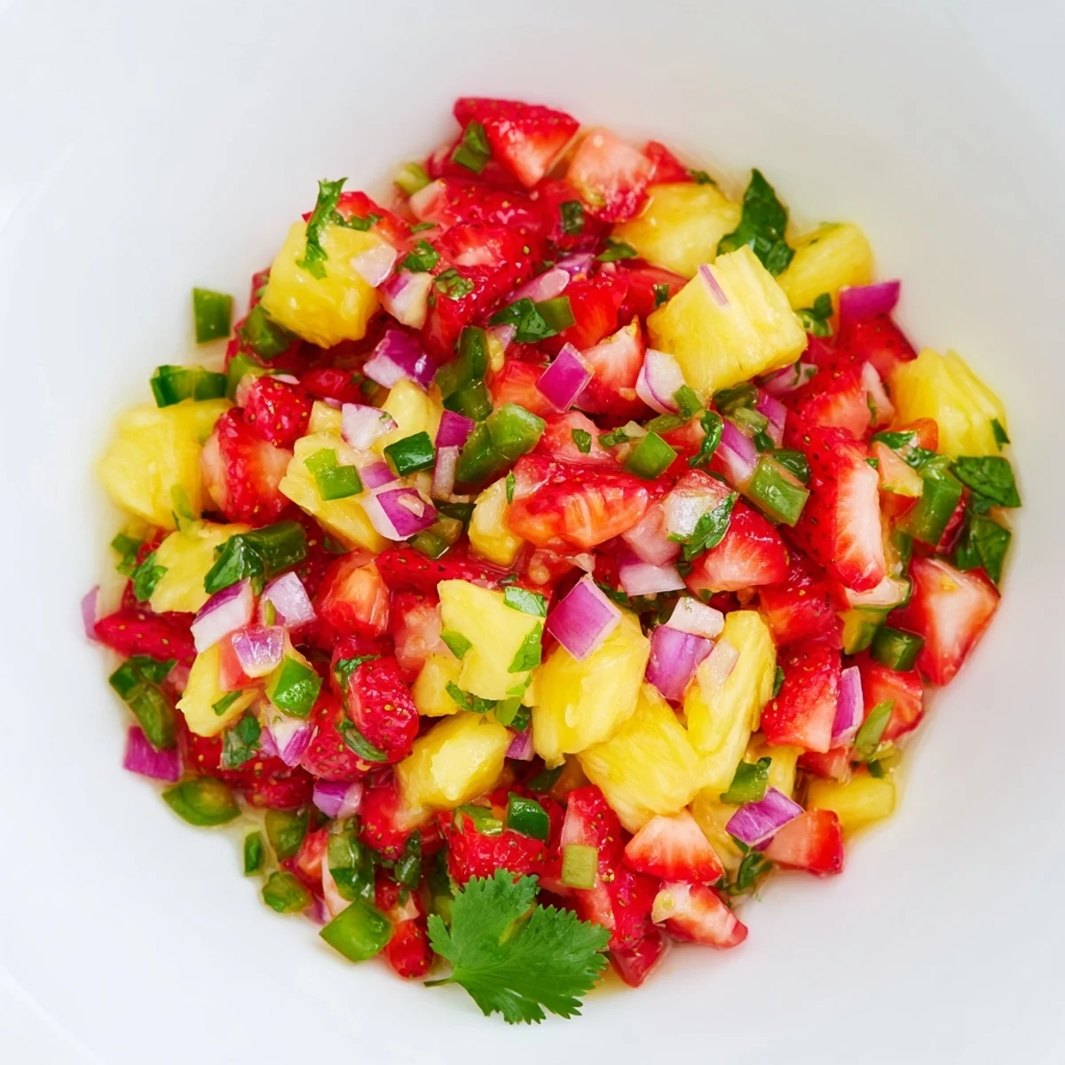 Bright tropical strawberry pineapple salsa with lime wedges and chips ready for summer party dipping