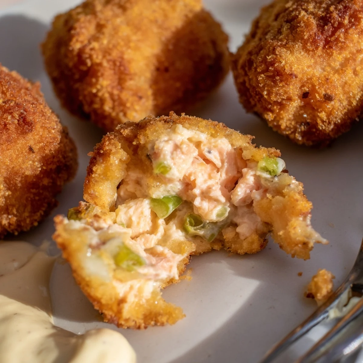 Golden brown Southern salmon croquettes fried until crispy and served on a white plate