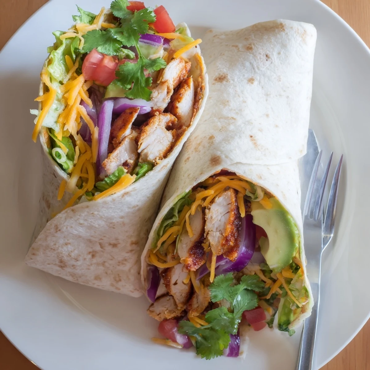 Golden spiced chicken sliced thin wraps with creamy avocado and fresh vegetables in a soft flour tortilla