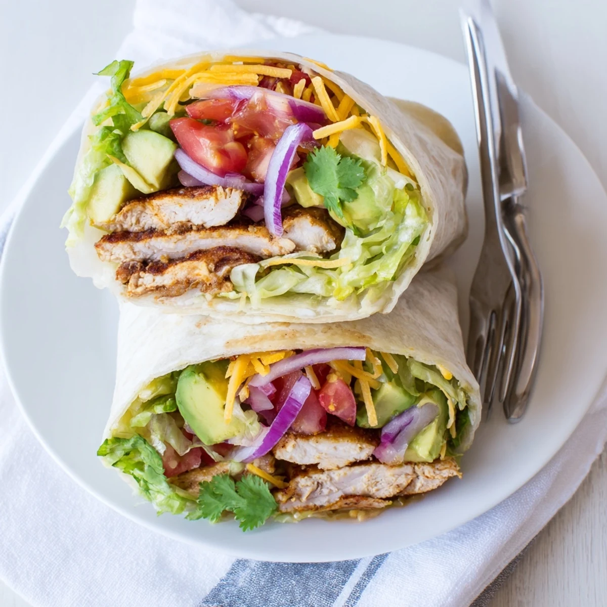 Spicy chicken avocado wraps layered with crisp lettuce, melted cheddar, and zesty sriracha yogurt sauce