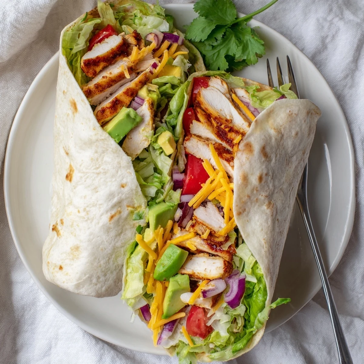 Handheld spicy chicken avocado wraps filled with seasoned grilled chicken, ripe avocado, and colorful vegetable toppings