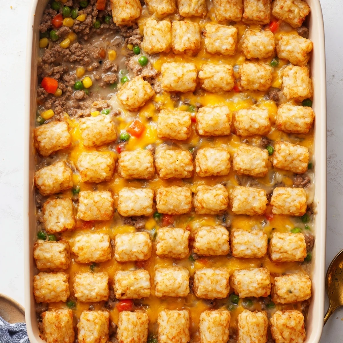 Golden crispy tater tots cover melty cheddar cheese and savory ground beef in this comforting casserole