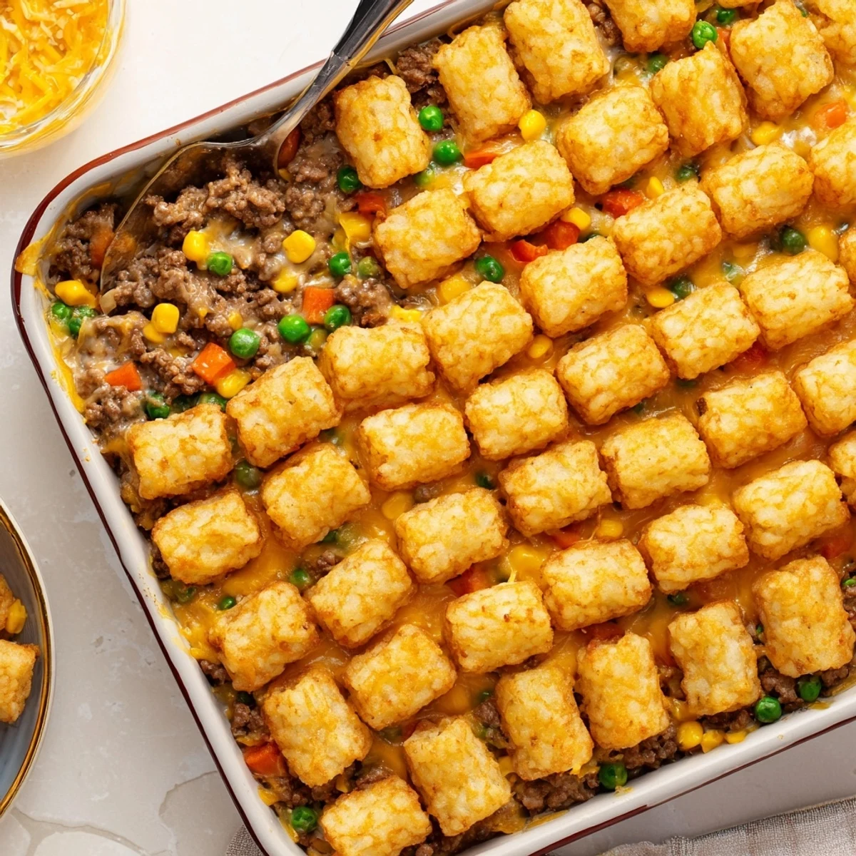 Bubbling cheesy ground beef tater tot casserole fresh from the oven with crispy potato topping