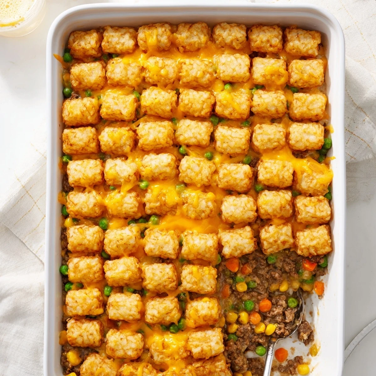 Family-friendly cheesy ground beef tater tot casserole served in a square baking dish with melted cheese layers