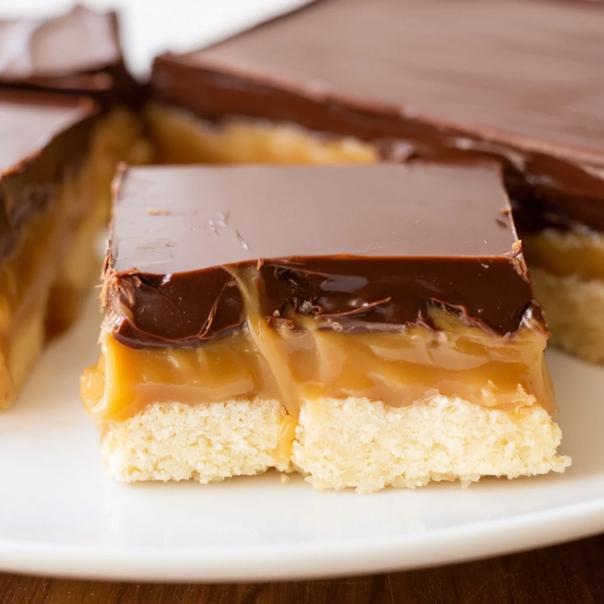 Homemade Twix bars stacked on a white plate showing buttery shortbread, gooey caramel, and smooth chocolate layers