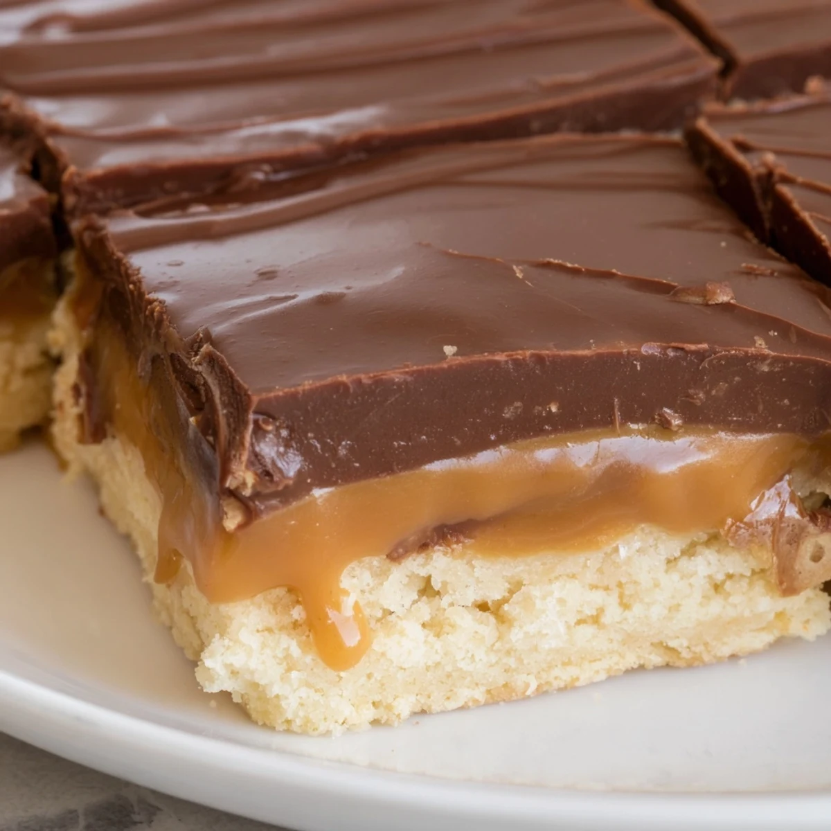 Square Twix dessert bars cross section revealing golden caramel sandwiched between crisp shortbread base and milk chocolate topping