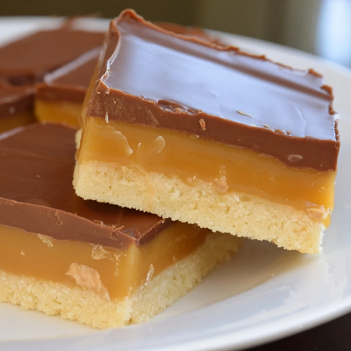 Freshly sliced Twix candy bars on wooden board displaying rich chocolate coating and luscious golden caramel center