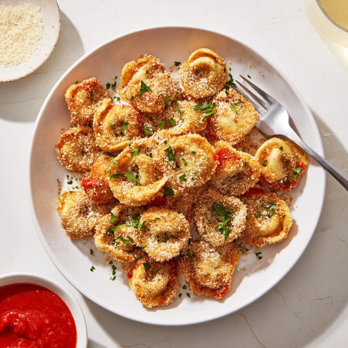 Crispy breadcrumb-coated tortellini bites fresh from the air fryer basket, perfectly golden brown
