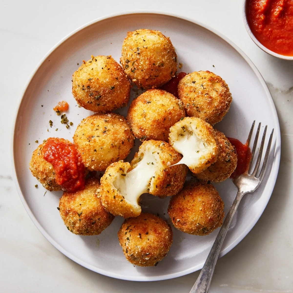 Golden crispy mozzarella cheese balls featuring a melty center served on a white plate