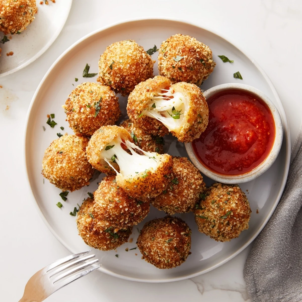 Freshly fried mozzarella cheese balls with crunchy panko coating and gooey cheese inside