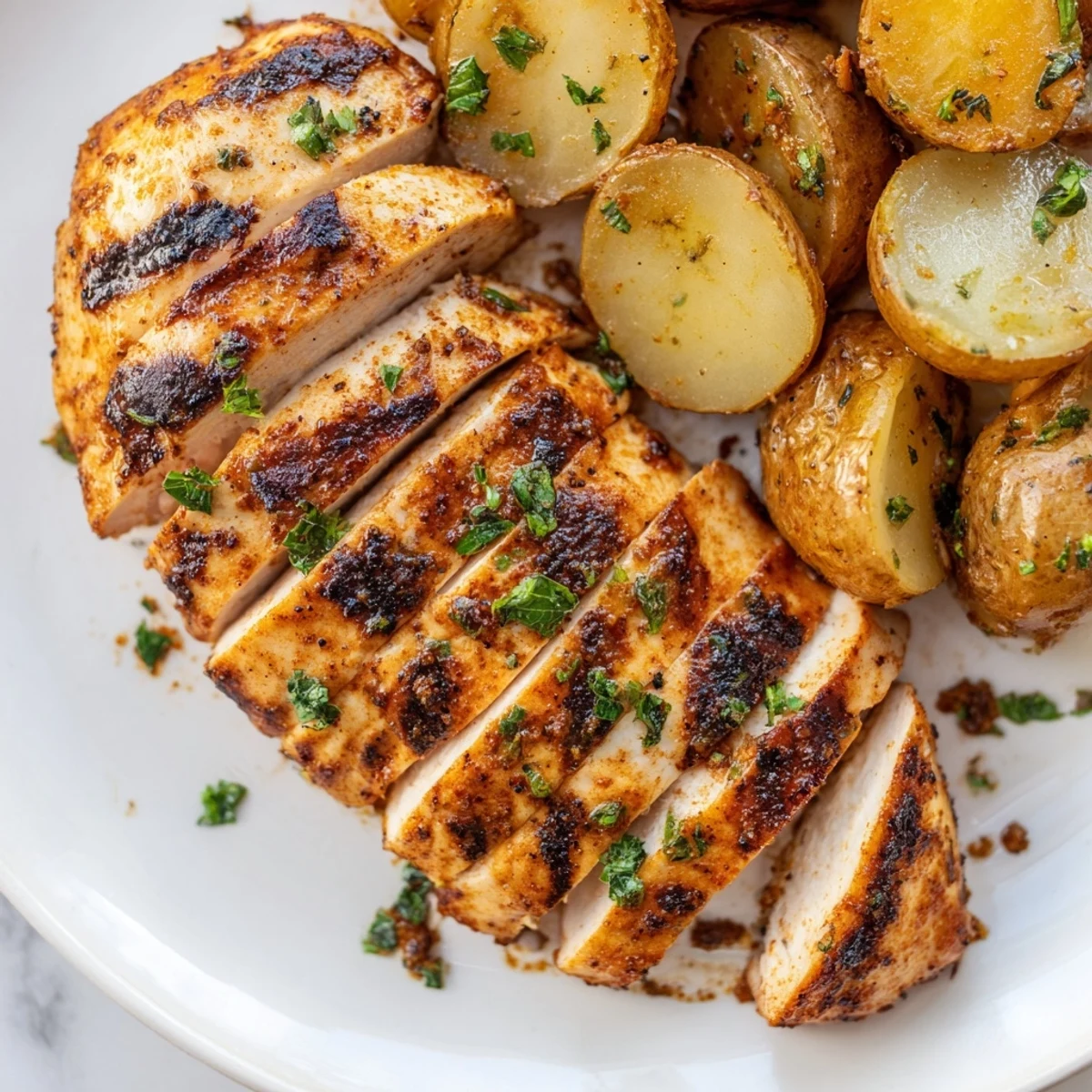 Juicy grilled chicken breasts served alongside golden crispy roasted baby Yukon Gold potatoes