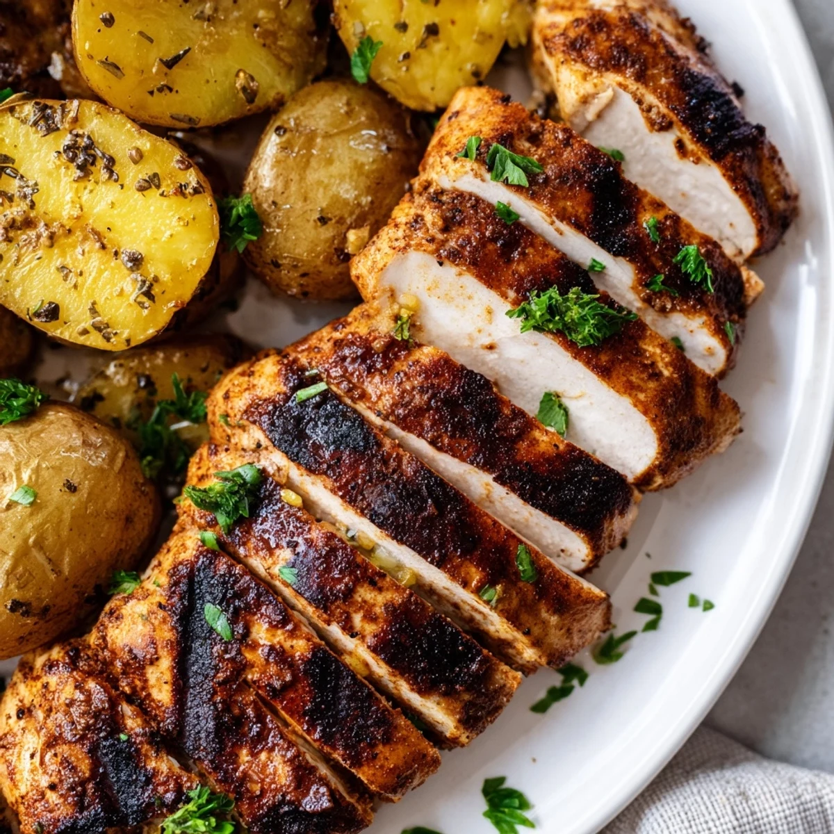 Homemade grilled chicken with crispy roasted potatoes garnished with fresh parsley and lemon wedges