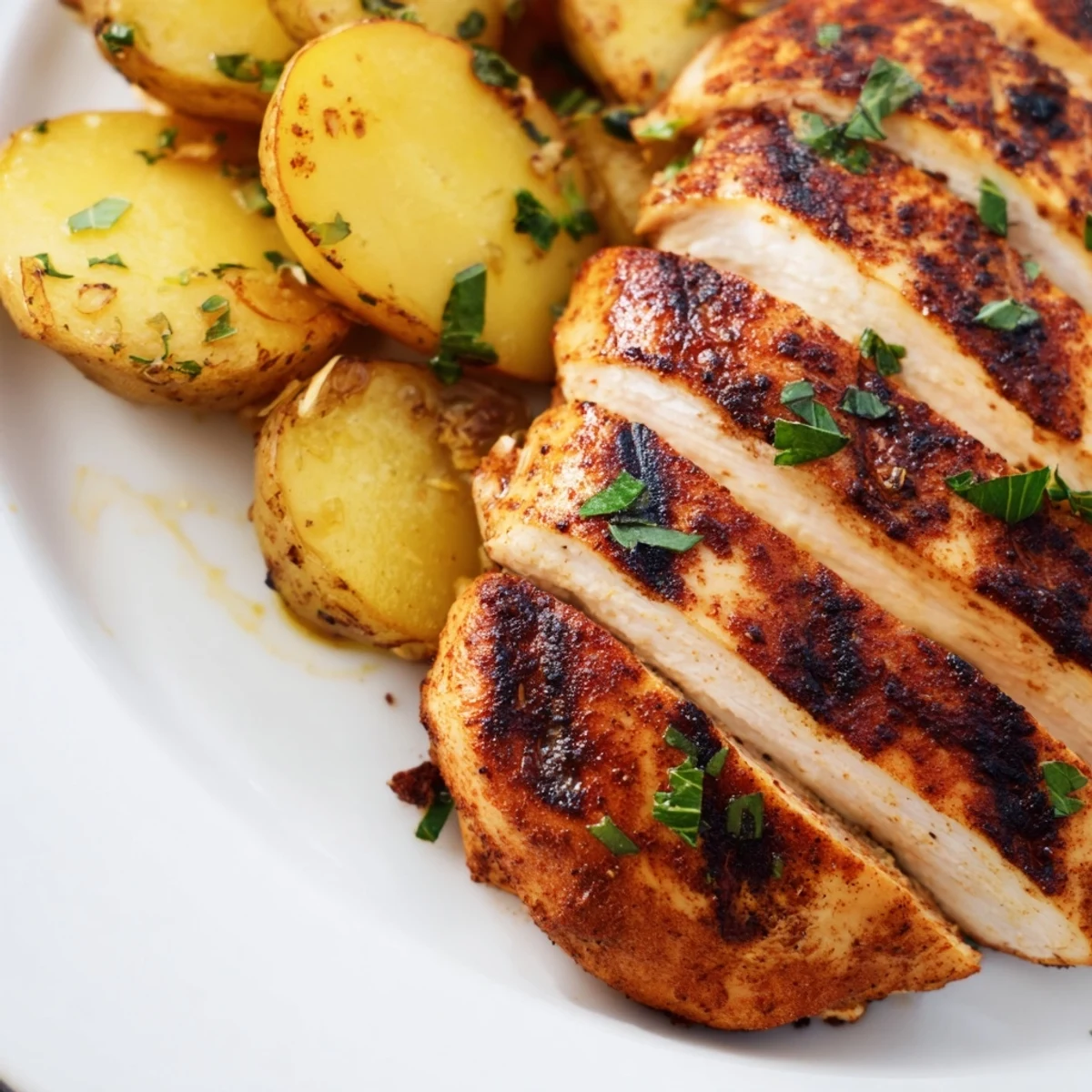 Perfect weeknight dinner featuring smoky grilled chicken and oven-roasted crispy rosemary potatoes