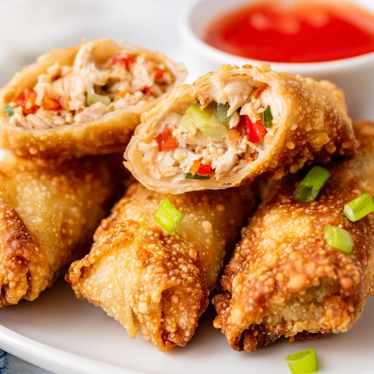 Crispy golden Voodoo Egg Rolls filled with Cajun-seasoned chicken and colorful vegetables, served with zesty dipping sauce on a white plate