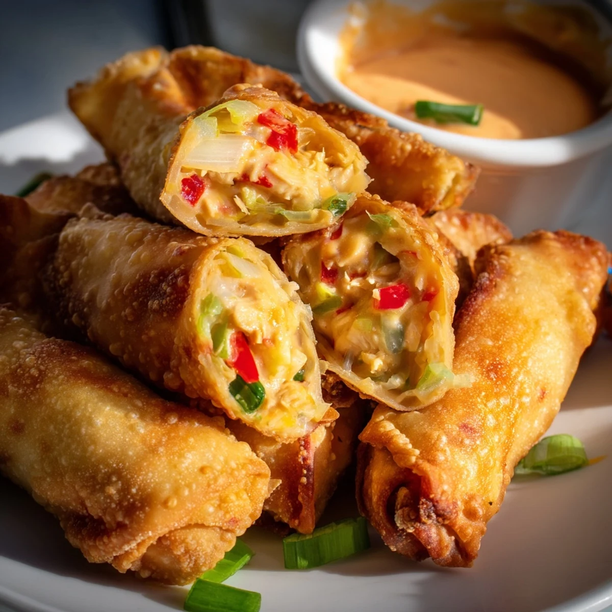 Homemade Voodoo Egg Rolls featuring spicy chicken filling wrapped in fried wrappers, plated alongside creamy remoulade sauce for dipping