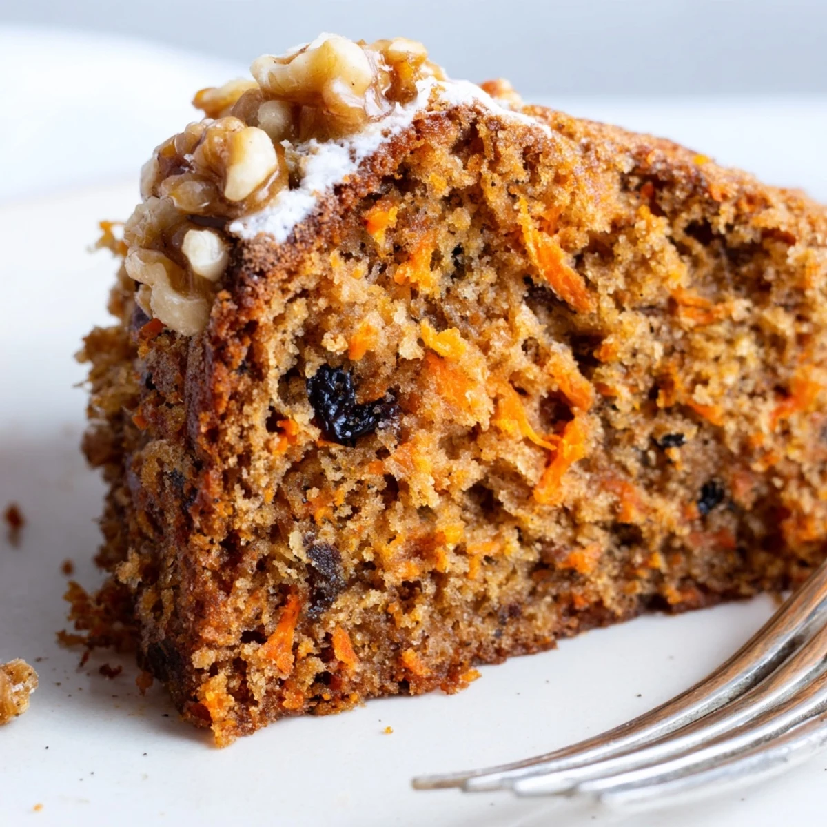 Golden brown Greek yogurt carrot cake one bowl with a dusting of powdered sugar on top