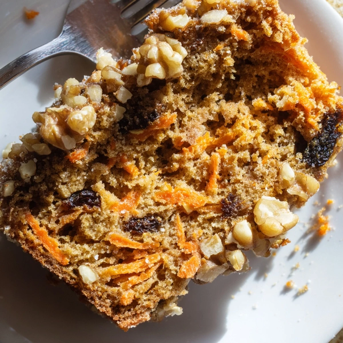 Homemade Greek yogurt carrot cake one bowl showing tender crumb texture with grated carrots throughout