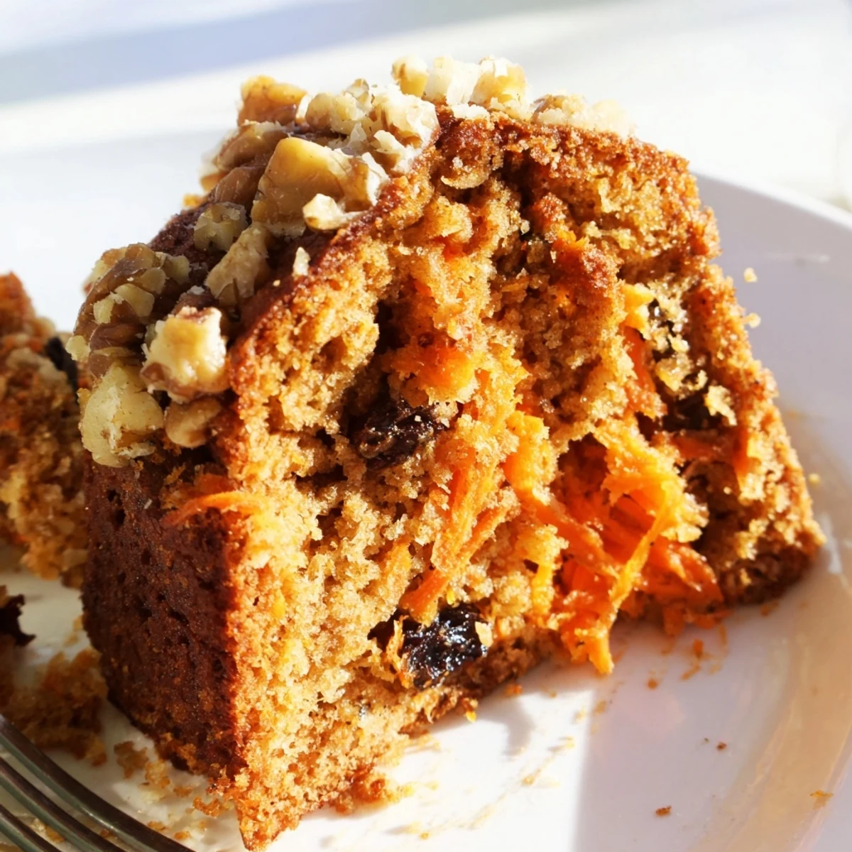 Moist slice of Greek yogurt carrot cake one bowl topped with cream cheese frosting and walnut pieces