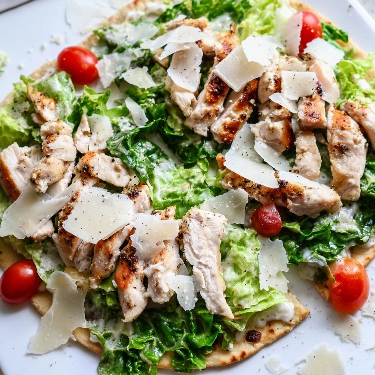 Golden chicken Caesar flatbread loaded with mozzarella, romaine lettuce, and shaved parmesan cheese