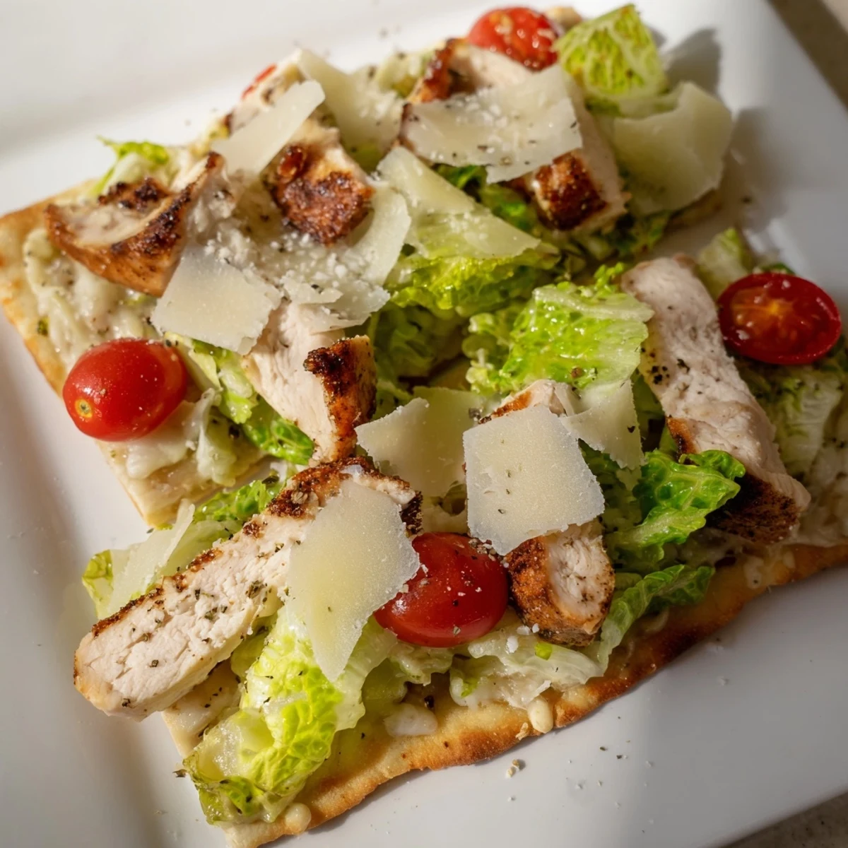 Homemade chicken Caesar flatbread featuring juicy spiced chicken, fresh romaine, and savory parmesan garnish