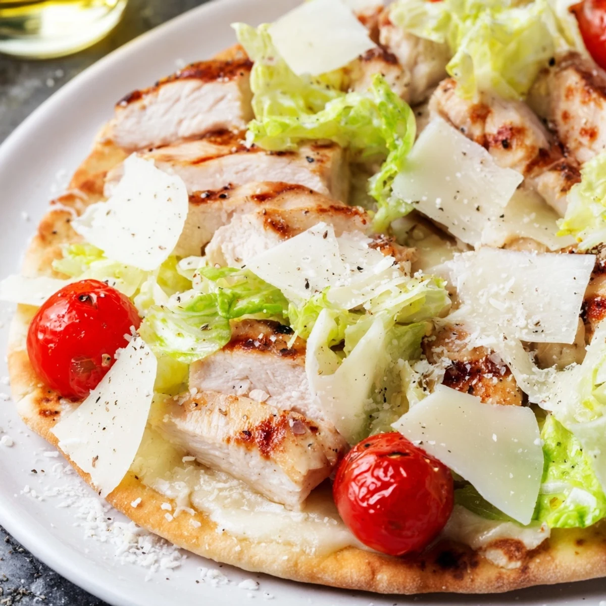 Sliced grilled chicken Caesar flatbread with crisp lettuce, creamy dressing, and melted cheese topping