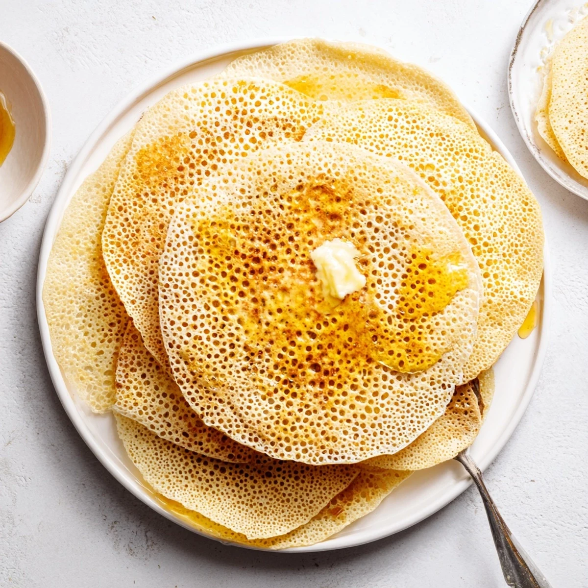 Golden stack of Moroccan baghrir pancakes drizzled with melted butter and sweet honey for breakfast
