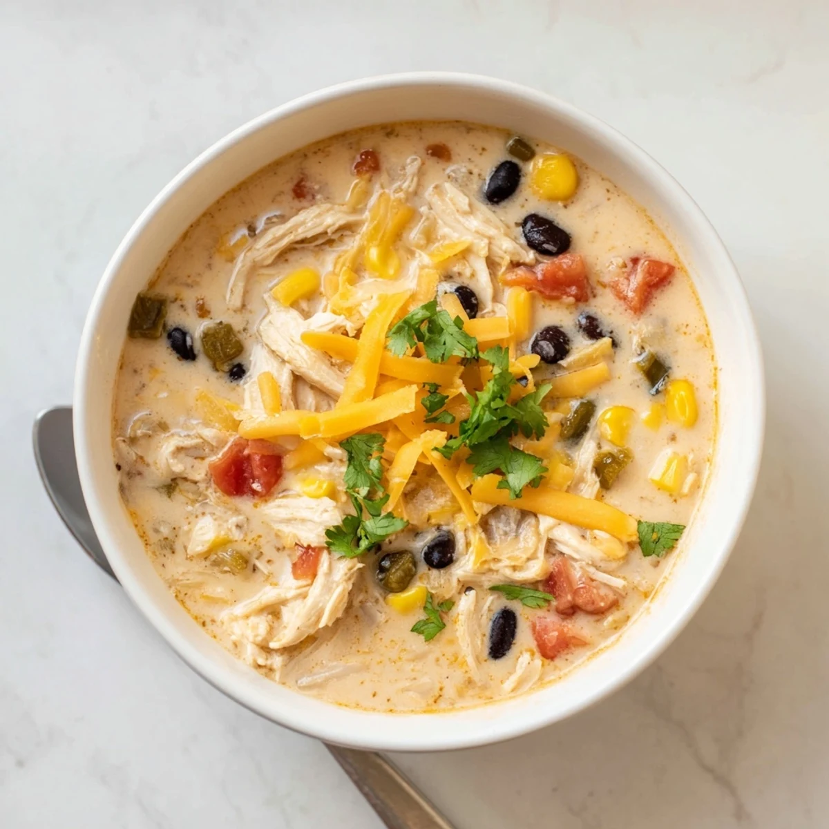 Creamy chicken taco soup bubbling in a white pot with shredded chicken, beans, and corn