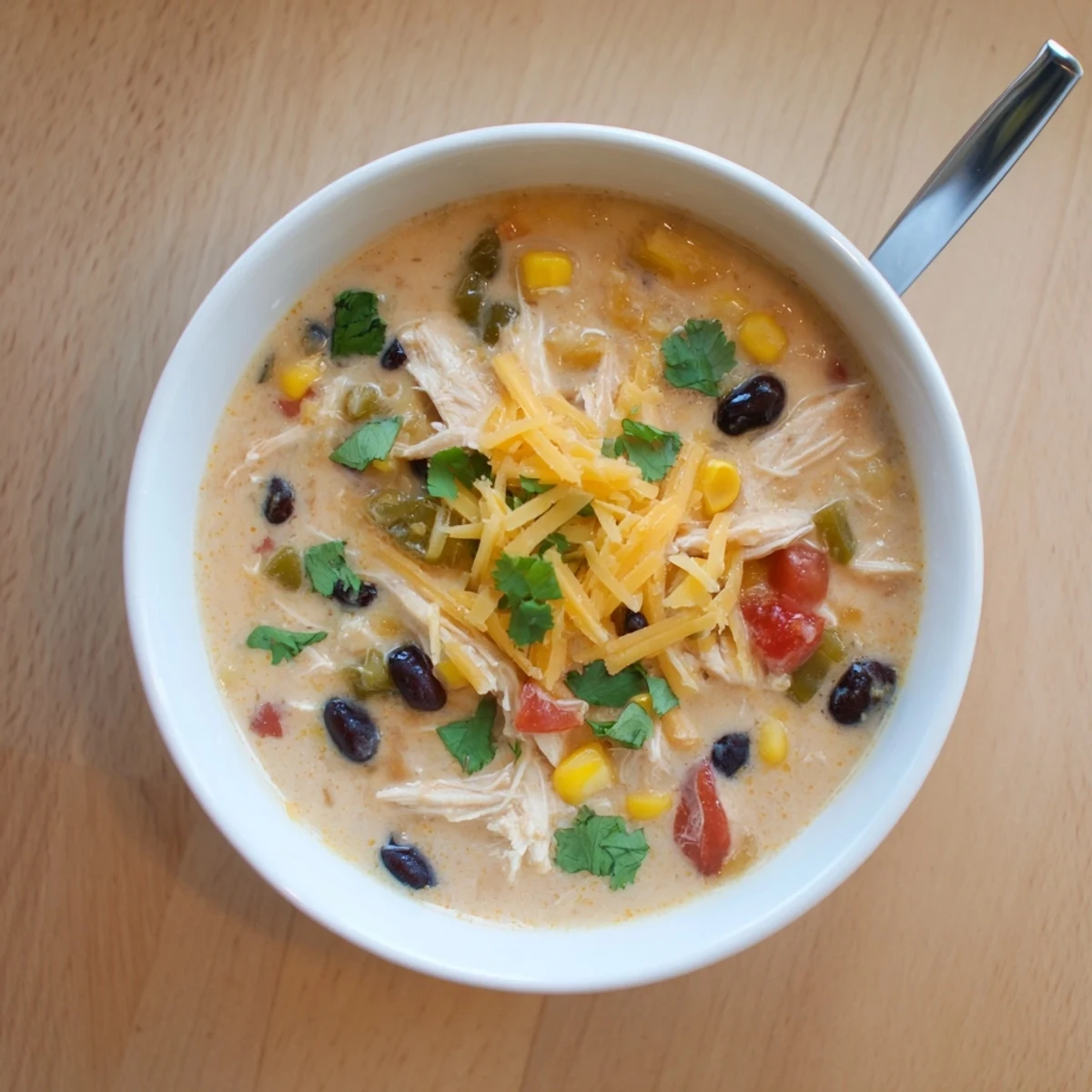 Spoon lifting rich creamy chicken taco soup loaded with tender chicken and colorful vegetables