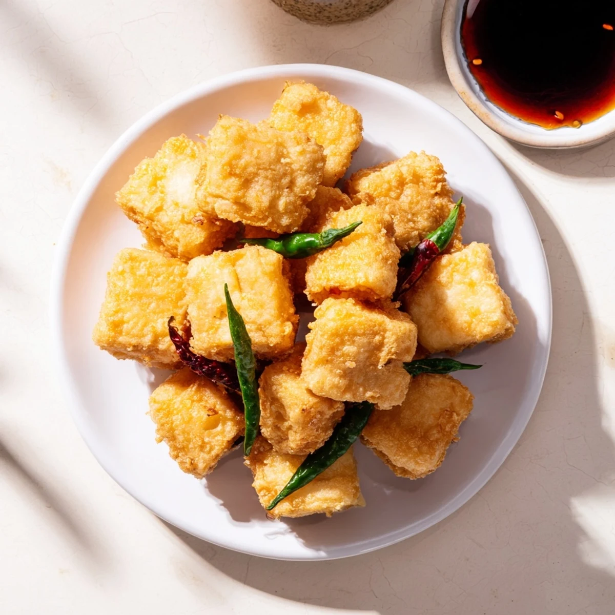 Golden crispy Tahu Sumedang fried tofu cubes arranged on a plate with fresh chilies