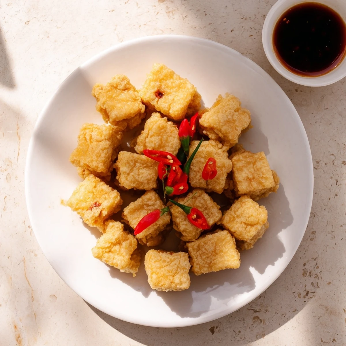 Close up of Indonesian Tahu Sumedang featuring golden brown crispy tofu with fluffy white interior