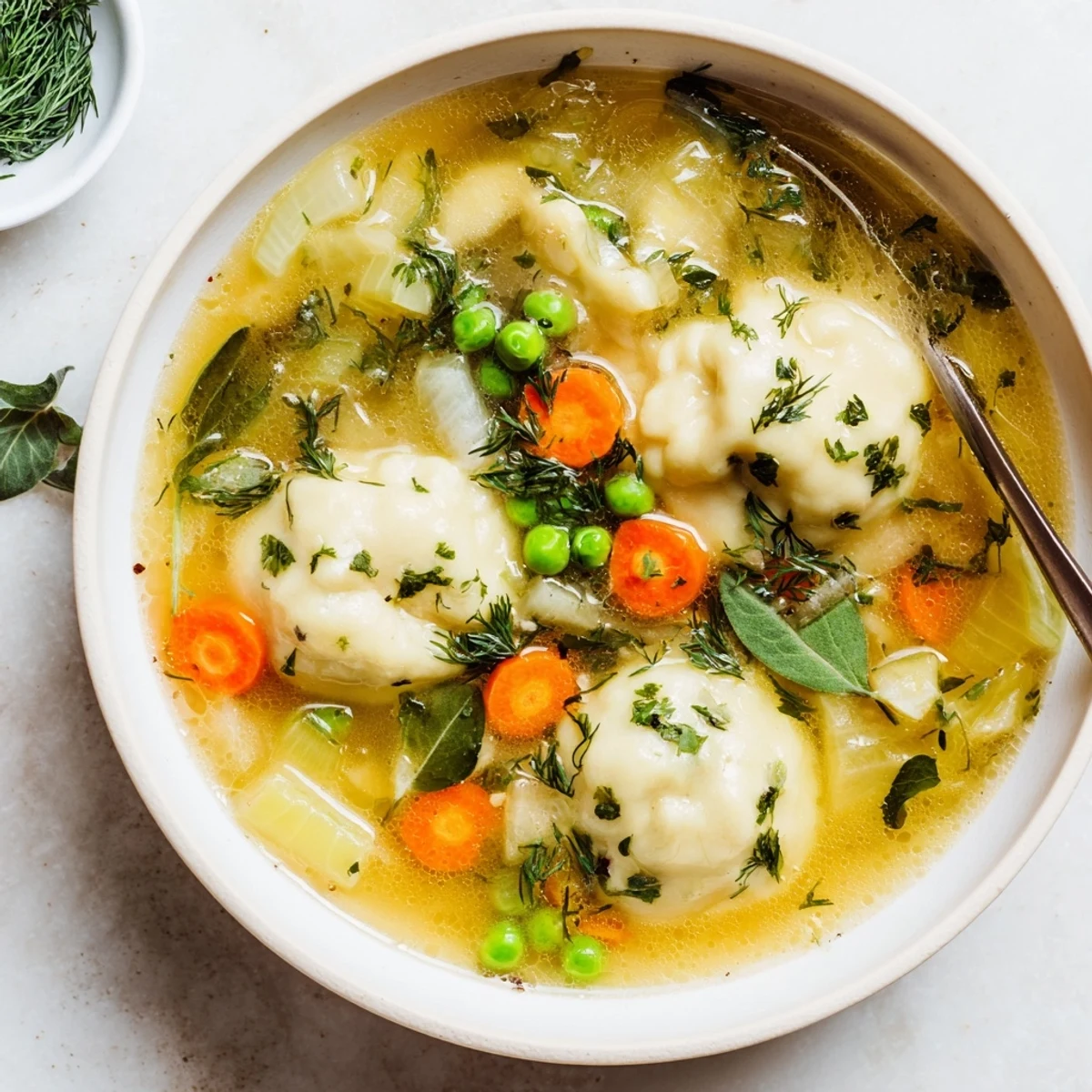 Steaming bowl of comforting dumpling soup featuring tender fluffy dumplings in savory vegetable broth