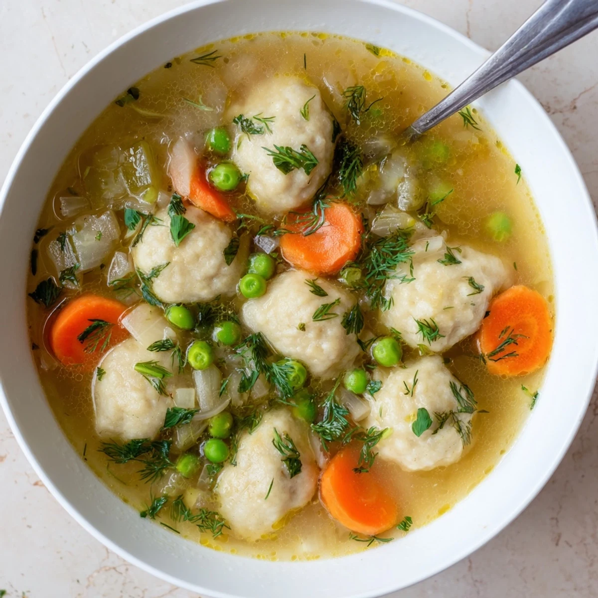 Golden vegetarian dumpling soup topped with fresh herbs showcasing plump cooked dumplings in rich broth