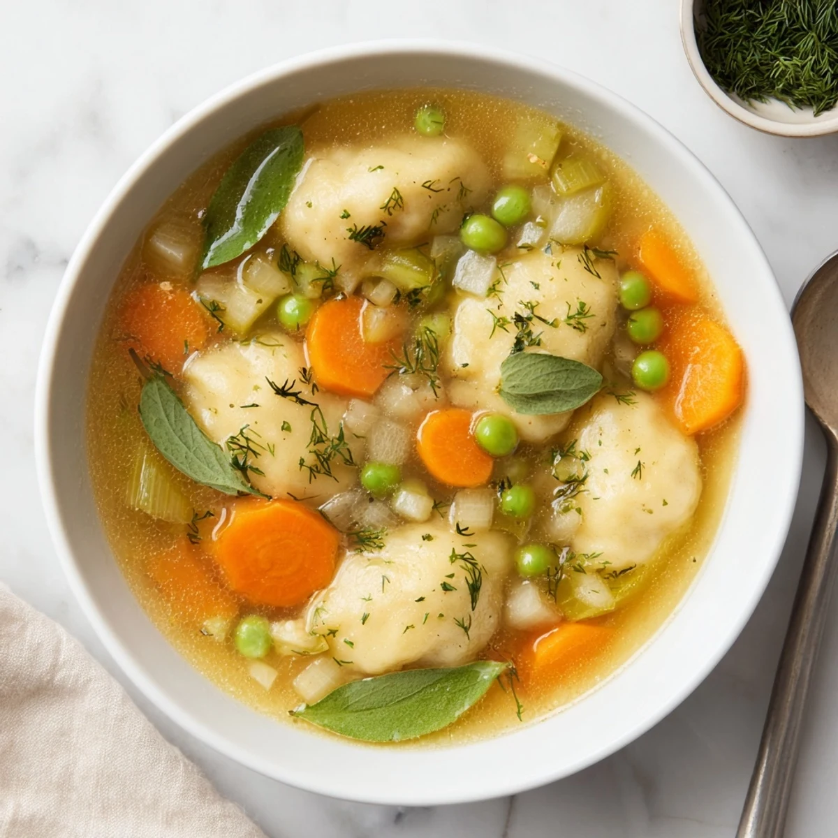 Hearty dumpling soup with soft pillowy dumplings simmered alongside colorful carrots celery and peas