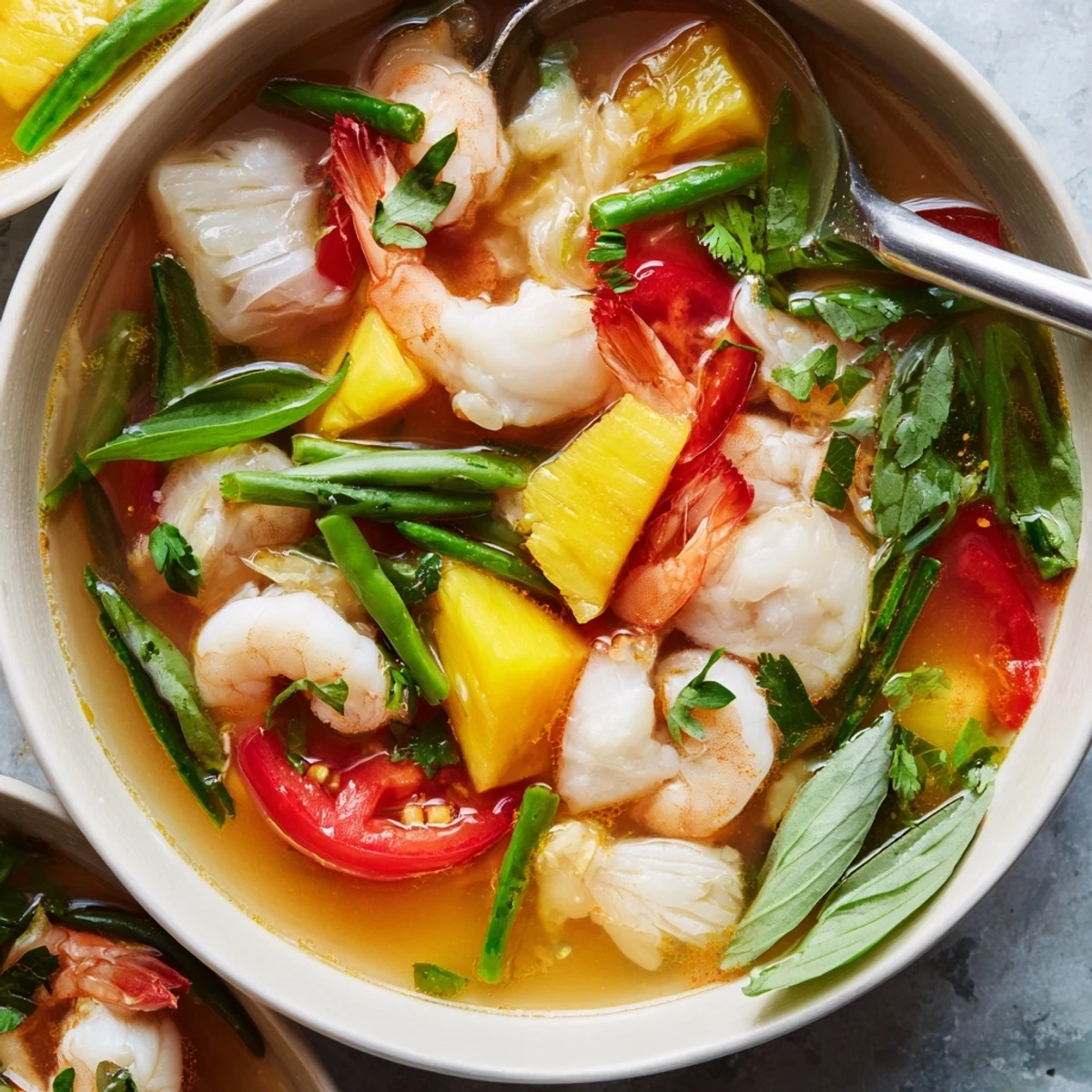 Steaming bowl of Vietnamese Canh Chua soup featuring tender fish, pineapple, tomatoes, and fragrant Thai basil