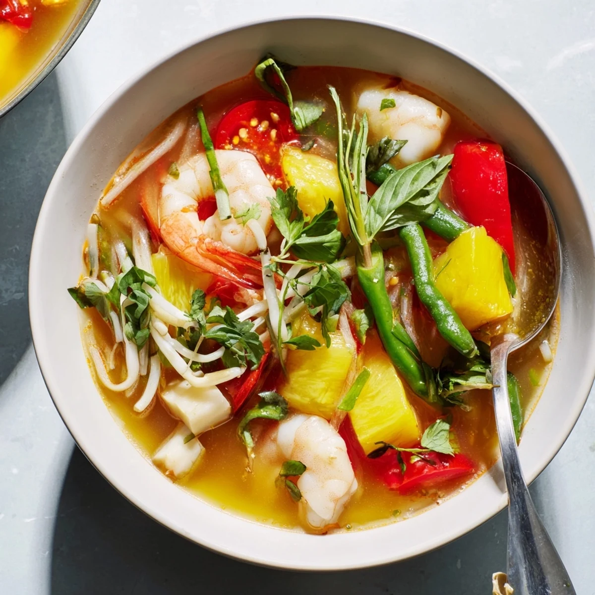Rustic Vietnamese Canh Chua soup brimming with white fish, juicy tomatoes, bean sprouts, and aromatic cilantro garnish