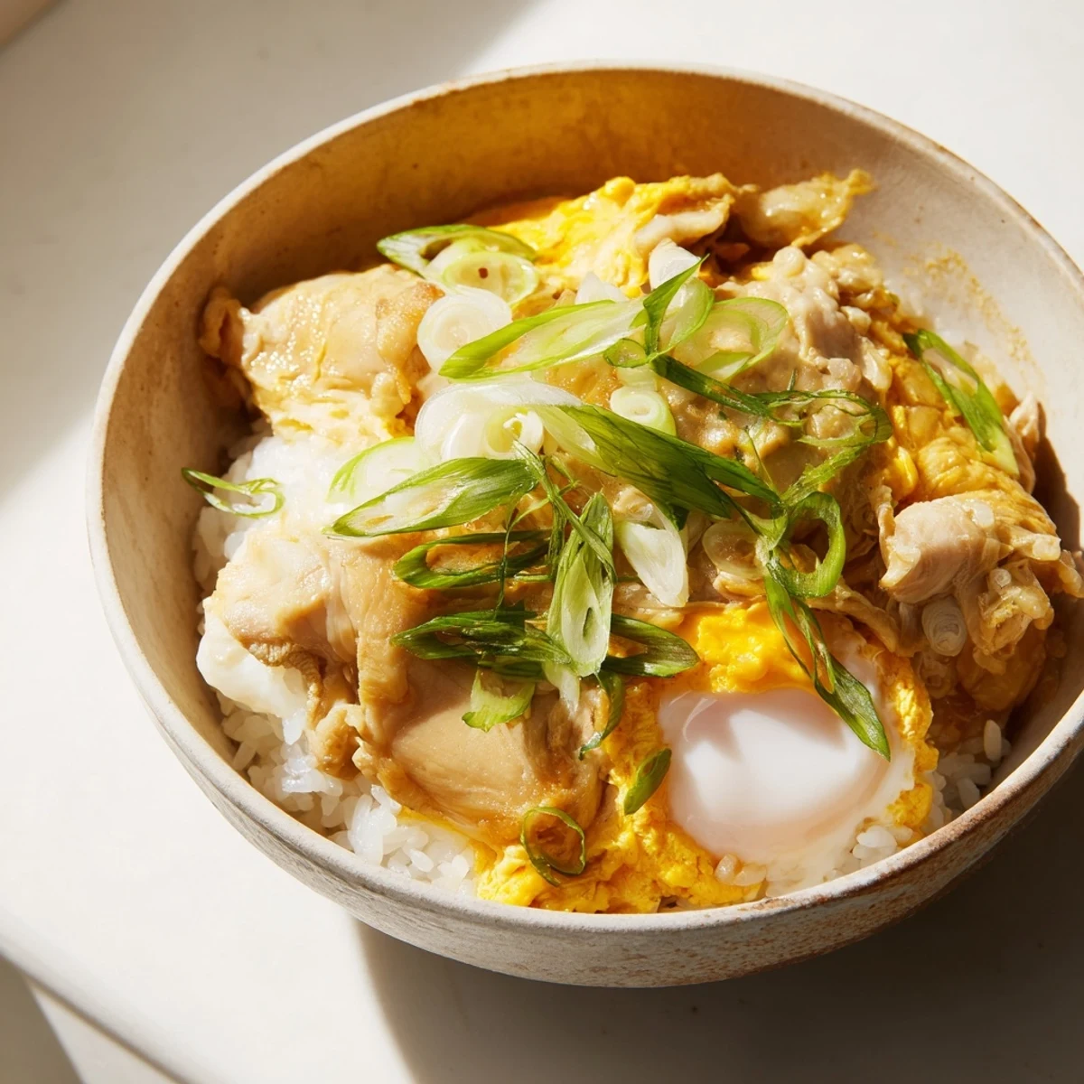 Comforting Oyakodon served in a deep donburi bowl featuring savory chicken and onion mixture in partially set golden eggs