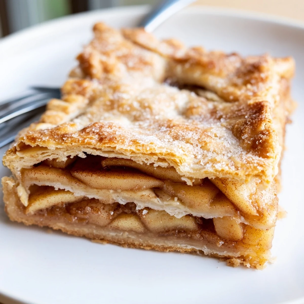 Rectangular apple slab pie featuring layers of cinnamon-spiced fruit and golden brown pastry topping
