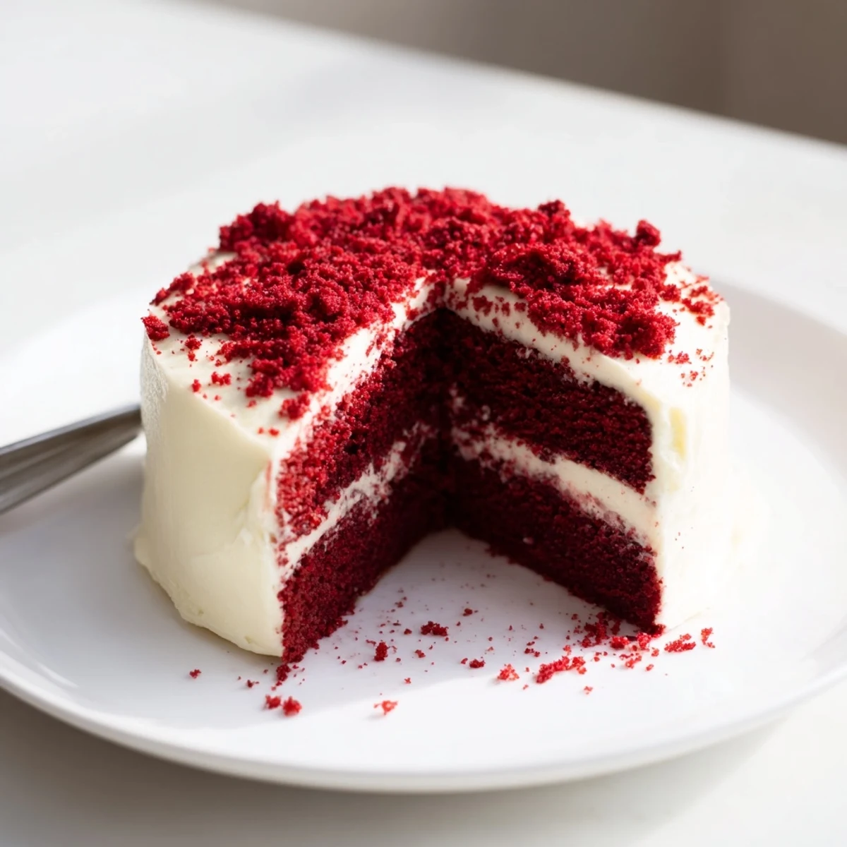 Moist red velvet cake recipe layered with creamy cream cheese frosting on a white serving plate.