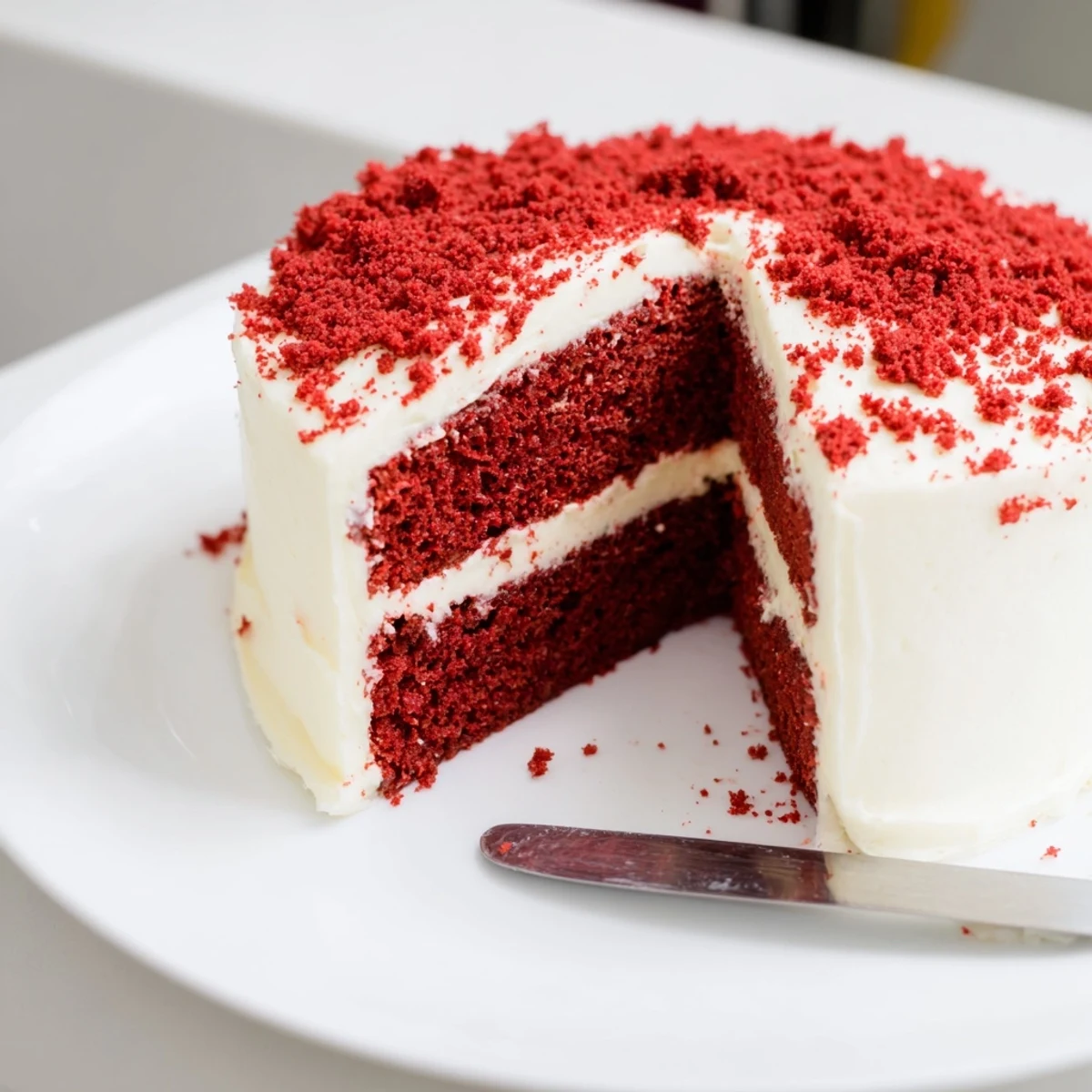 Luscious red velvet cake recipe topped with smooth white frosting and red cake crumb decorations.