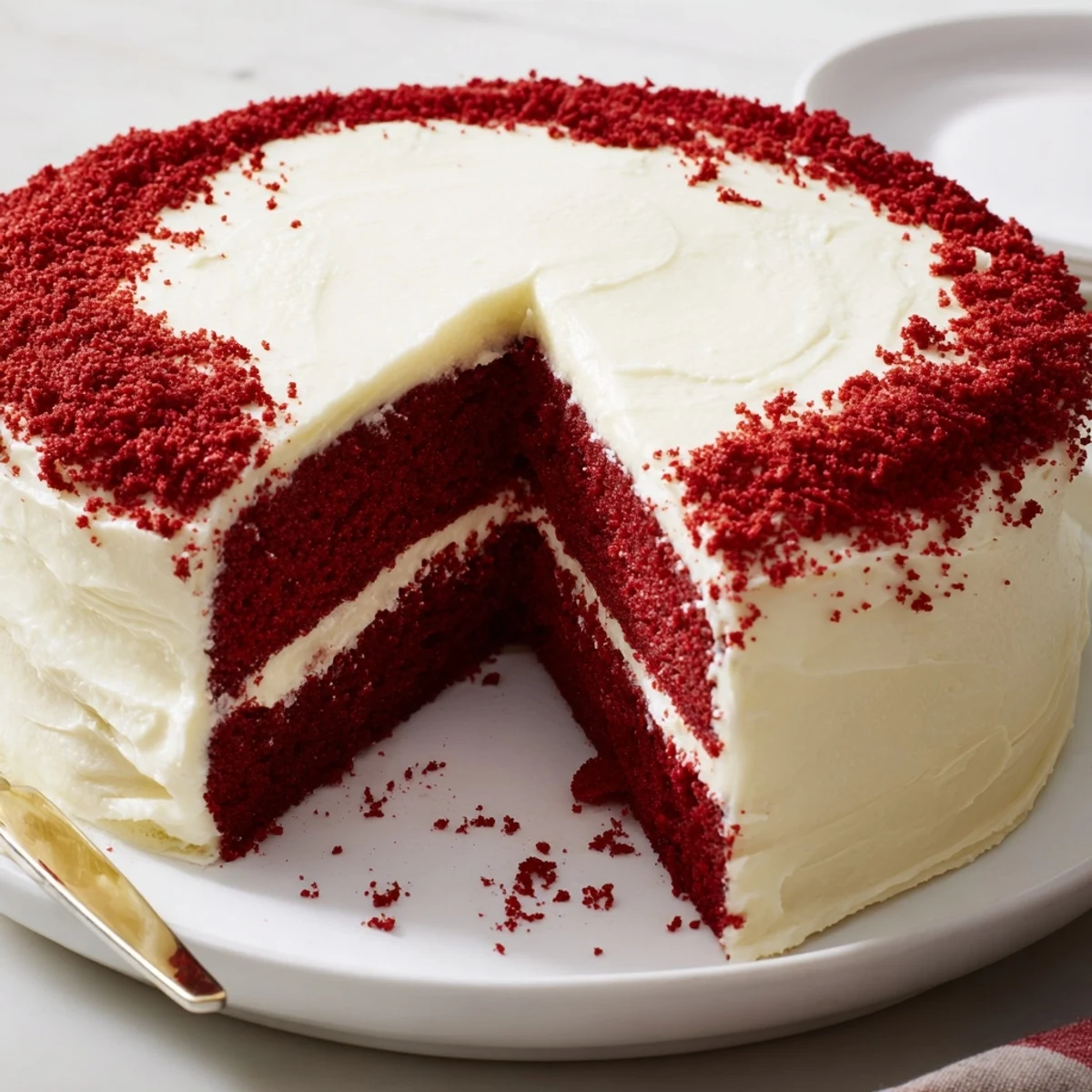 Two-layer red velvet cake recipe with rich cocoa flavor and tangy cream cheese frosting spread generously.