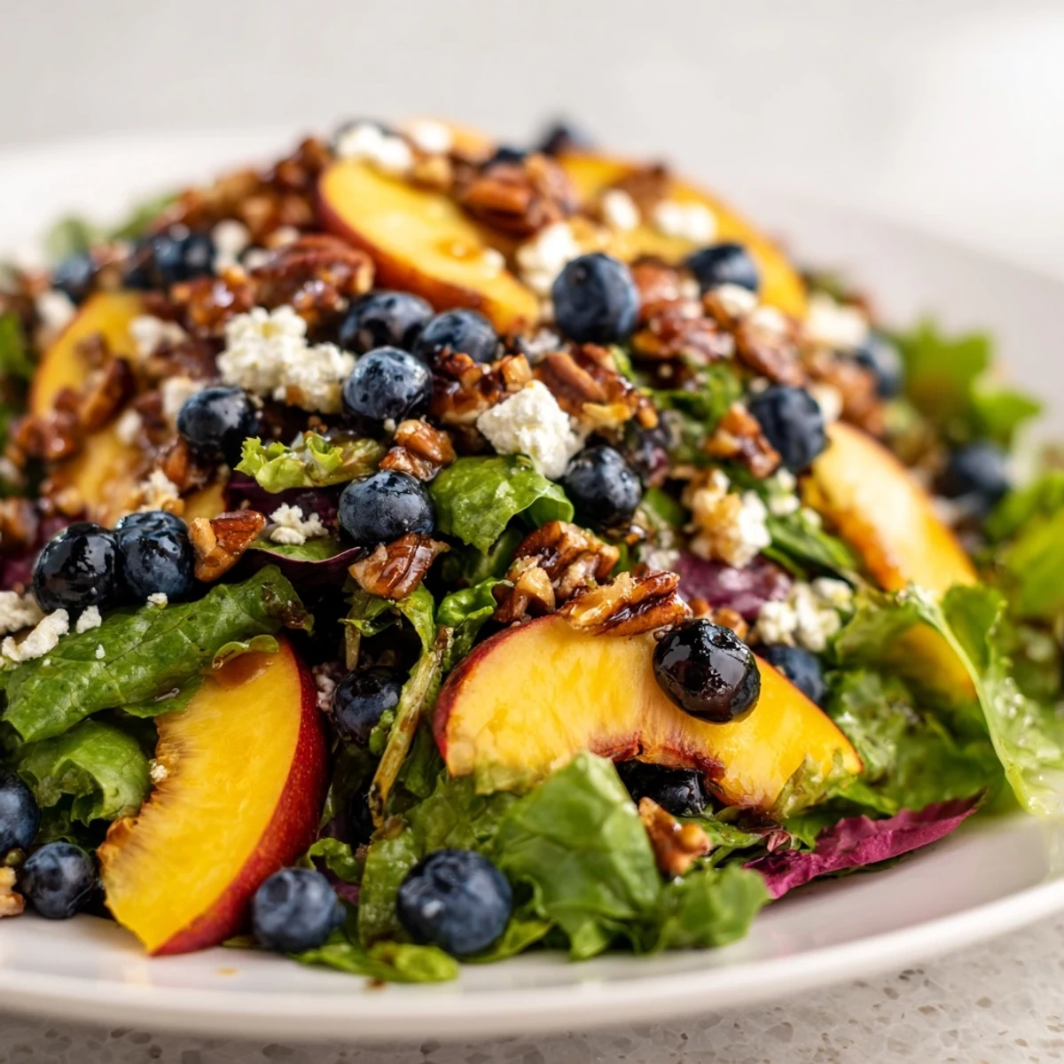 Vibrant blueberry peach feta salad bowl featuring fresh summer fruits atop crisp mixed greens